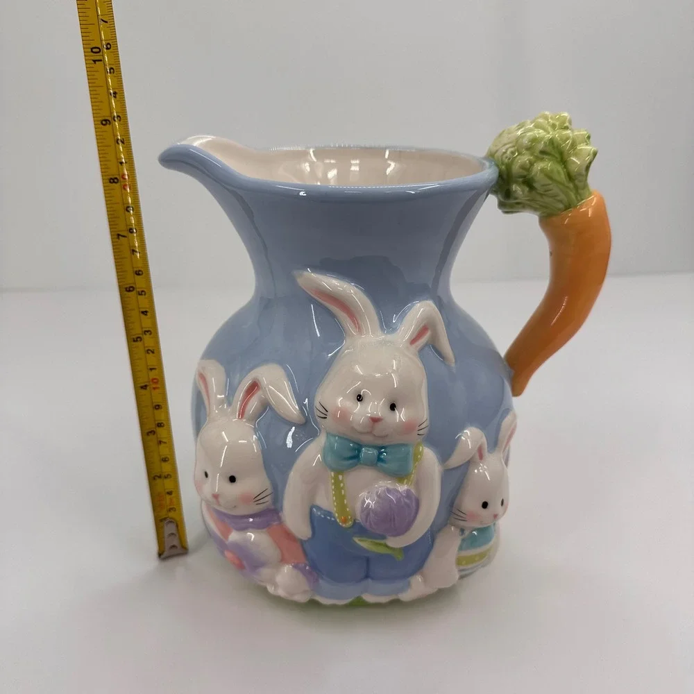 Blossoms & Blooms Easter‎ Bunny Rabbit Ceramic Pitcher Carrot Handle Blue 8